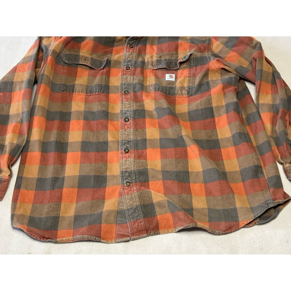 Carhartt Loose Fit Flannel Shirt Mens XL Orange Brown Plaid 105078 BRN Workwear - Picture 2 of 7